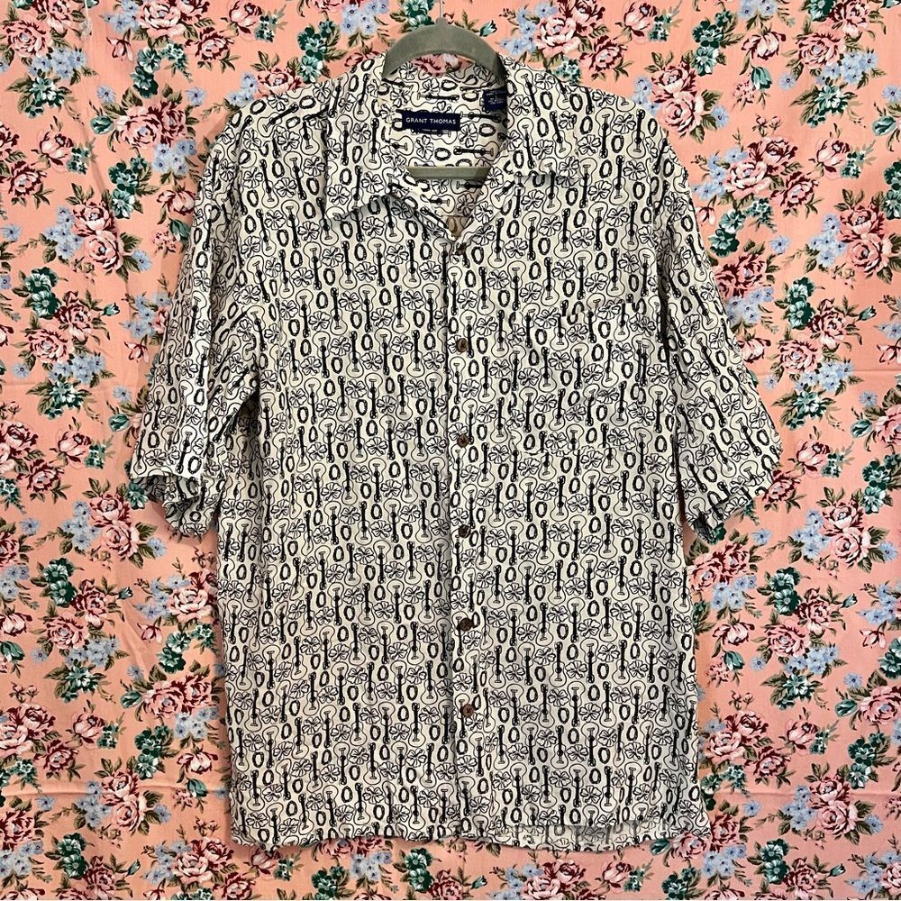 Grant Thomas 100% Silk Off White Black Guitar Floral Hawaiin Shirt Sz L As Is